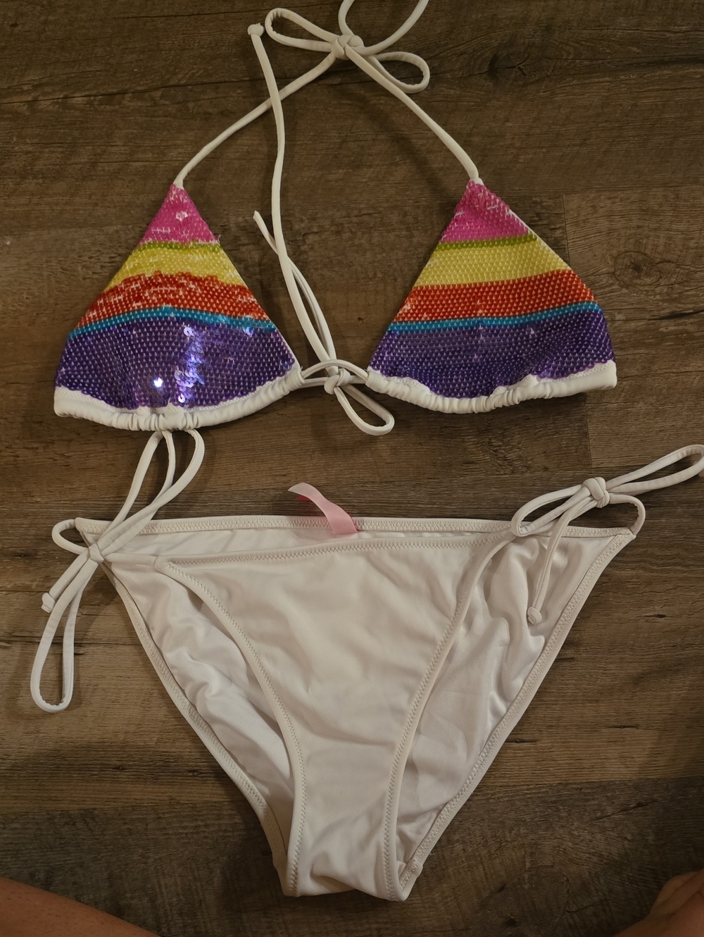 Victoria's Secret Sequin Rainbow Triangle Bikini Top with White Tie Bottoms